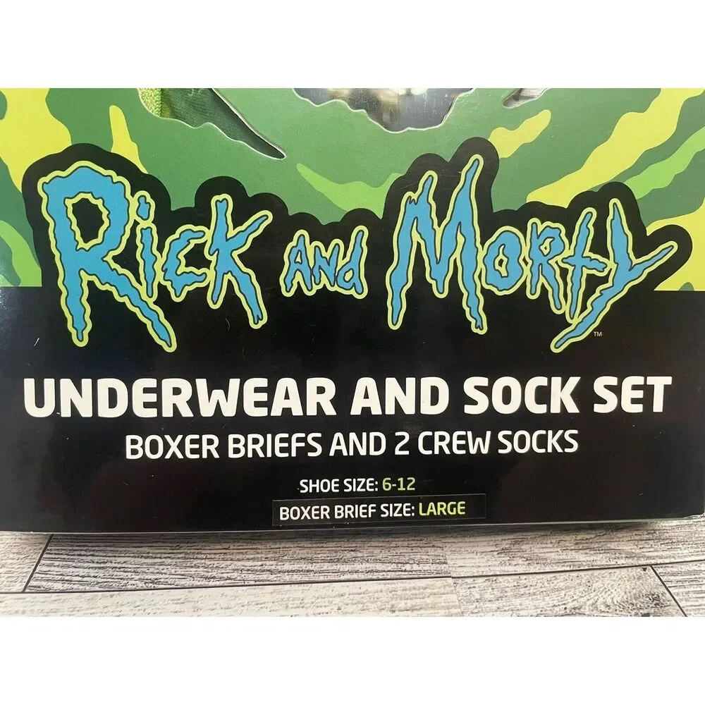 RICK AND MORTY MEN'S BOXER BRIEFS & 2 PAIRS CREW SOCK SET. SZ L